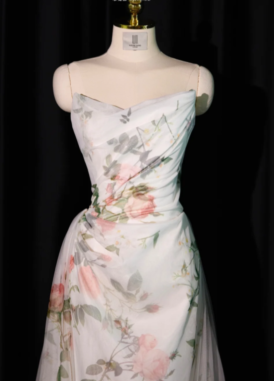 Elegant Strapless White Chiffon Printed Floral Long Prom Dress Birthday Evening Dresses SP2235