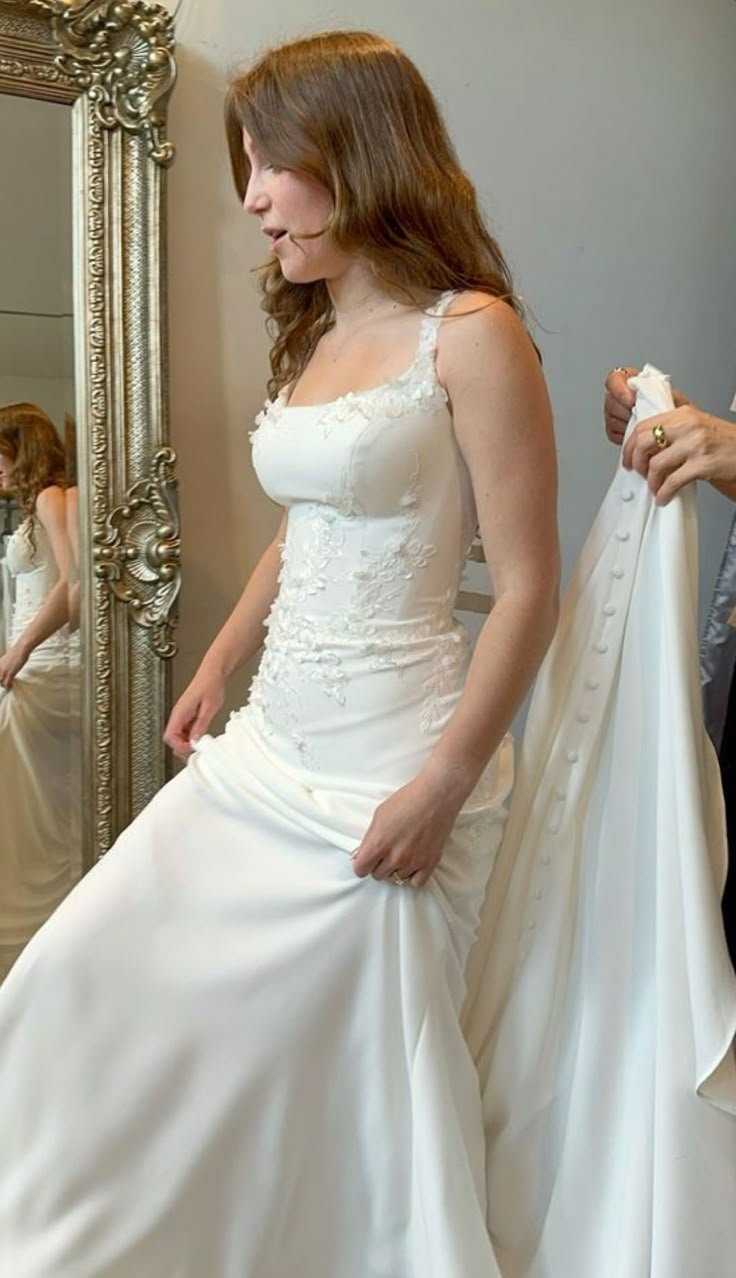 Elegant White Satin Lace Applique Long Wedding Dress Formal Evening Dress Y8463