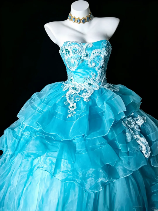 Charming Blue Strapless Tiered Ruffle Tulle Formal Ball Gown Crystal Lace Bodice Princess Quinceanera Dress & Sweet 16 Dress SP2730