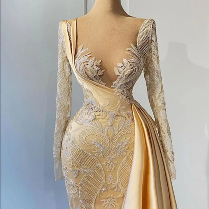 Elegant Hot Yellow Applique Long Sleeves Wedding Dresses Women Formal Pageant Dress Y899