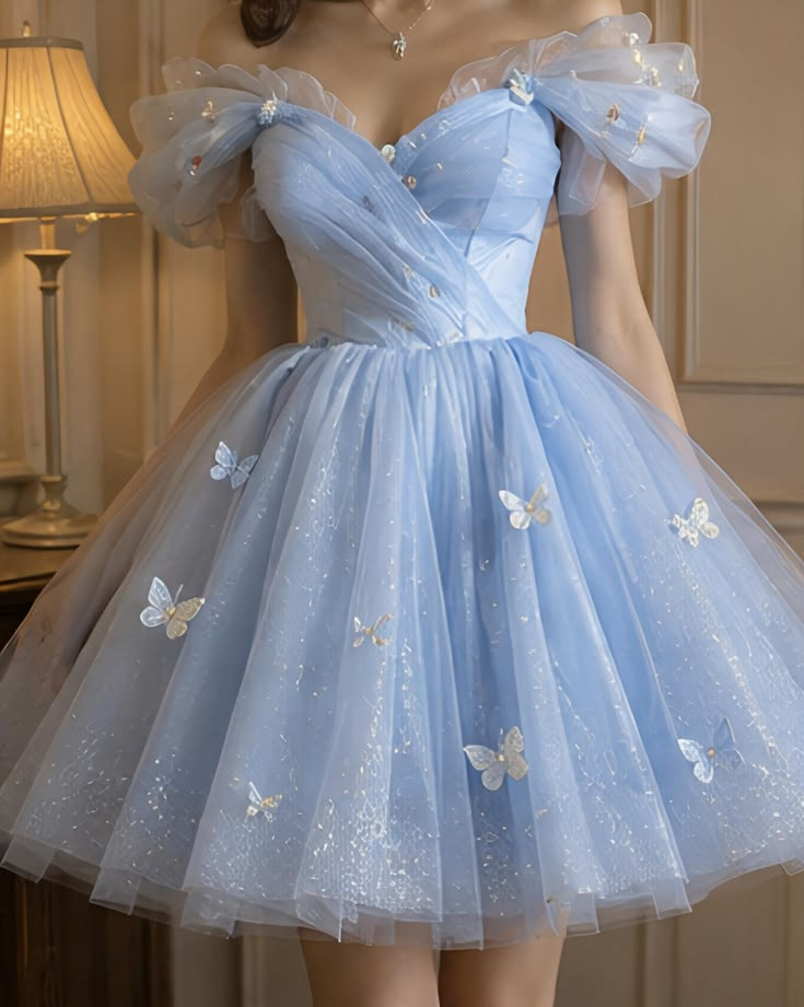 Shiny Blue Tulle Sequin Butterfly A Line Short Homecoming Dress,Off The Shoulder Short Prom Dress SP2787