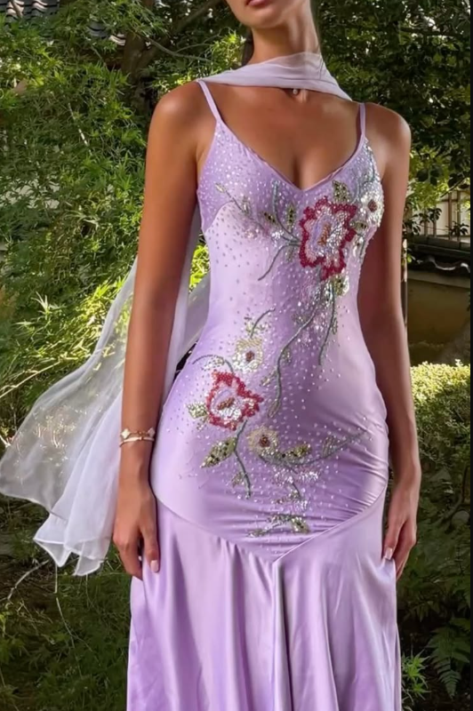 Pretty Purple V Neck Satin Sequin Beaded Mermaid Long Party Dress Evening Dress SP3778