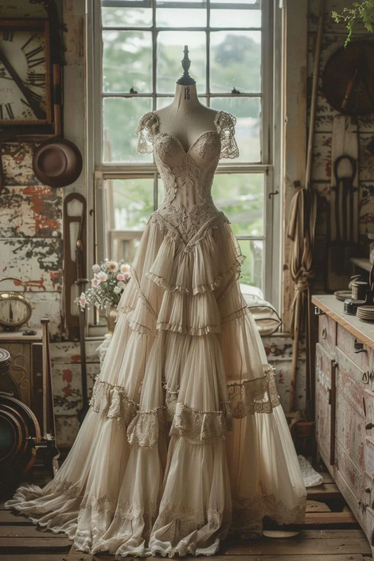 Vintage A Line Chiffon Lace Wedding Dress Y7720