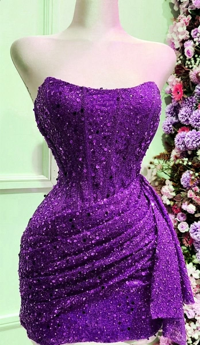 Sexy Strapless Sequin Sheath Mini 17th Birthday Outfits,Purple Short 9th Grade Homecoming Dress SP2621