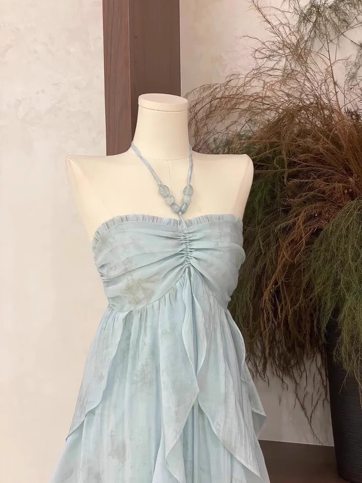Classy Blue Halter A Line Ruffled Floral Long Party Dress Women's  Vacation Dress Y9320