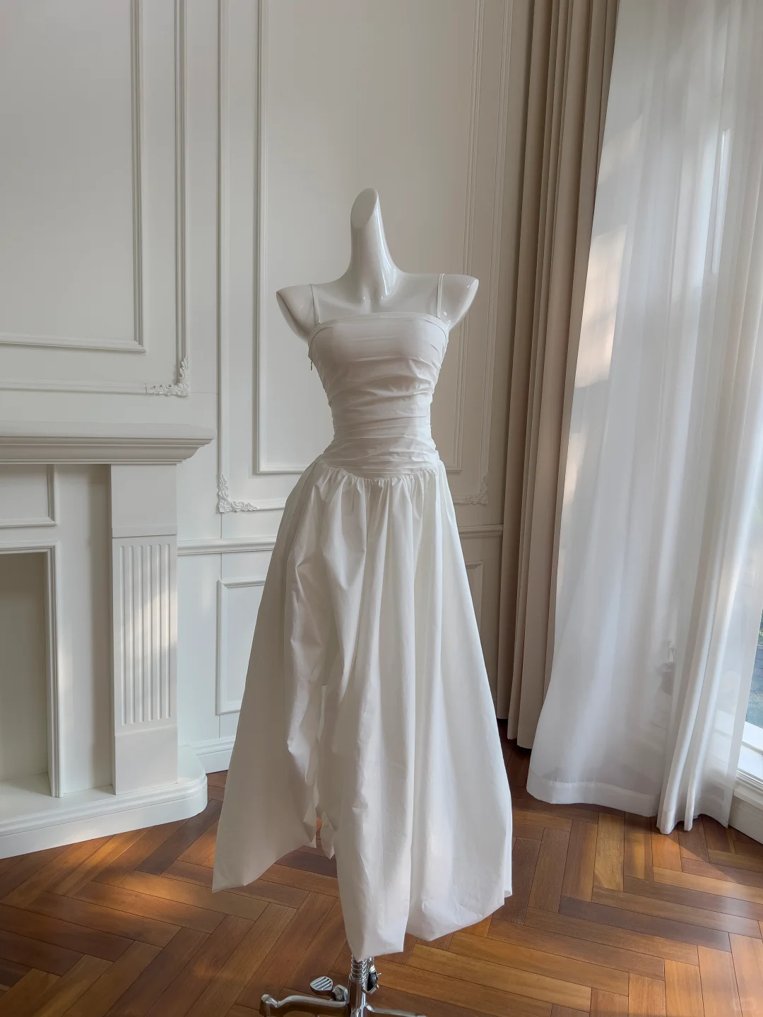 Simple Spaghetti Straps Satin Pleated Long Wedding Guest Dress,White Party Dress Prom Dress SP2579