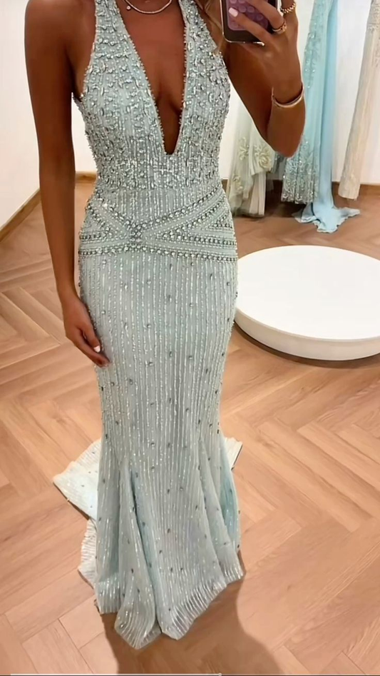 Gorgeous Halter V Neck Blue Satin Sequin Beaded Mermaid Long Party Dress Evening Gown SP1868