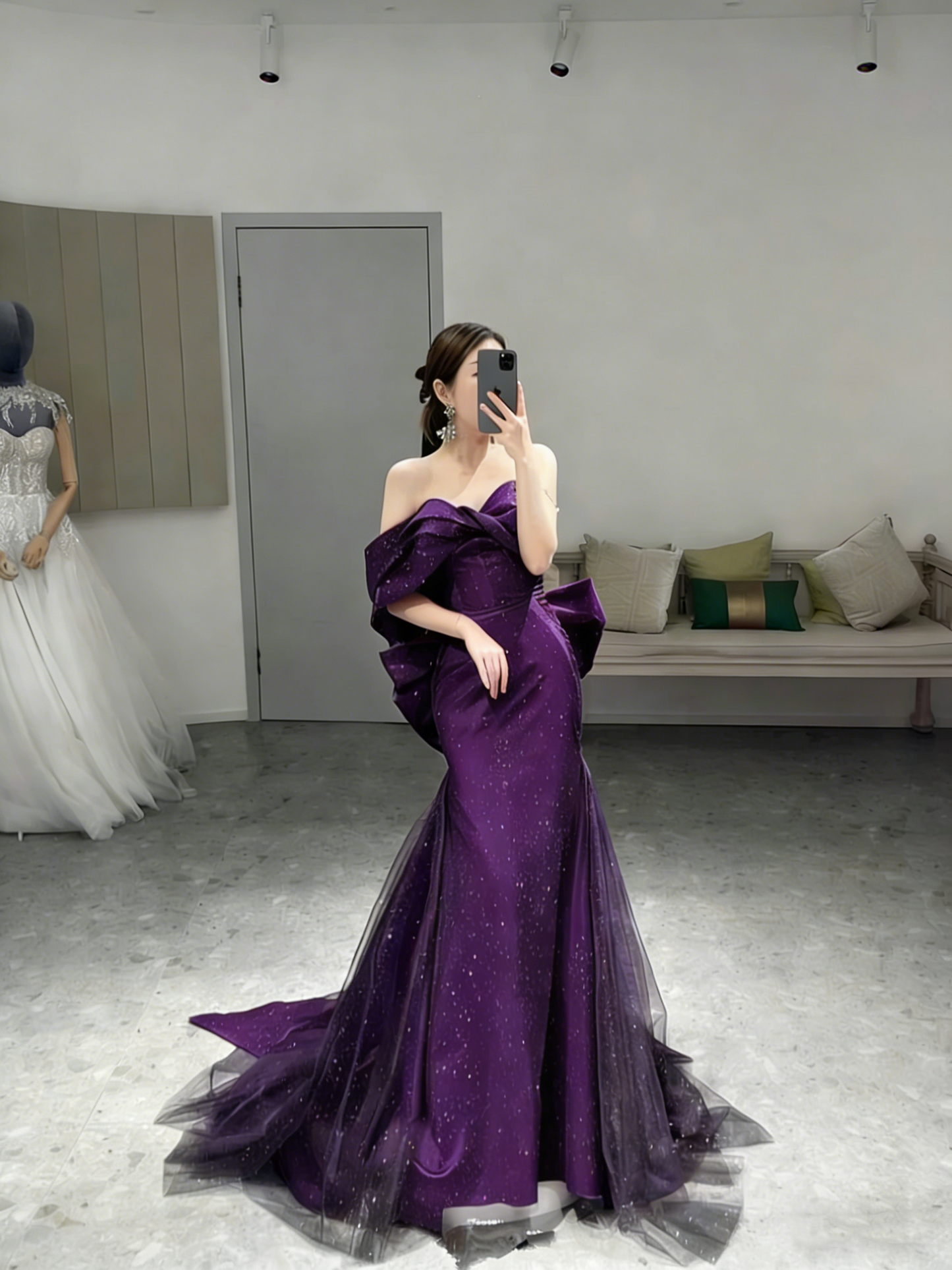 Romantic Off The Shoulder Burgundy Evening Dress,Reception Dress Y4416