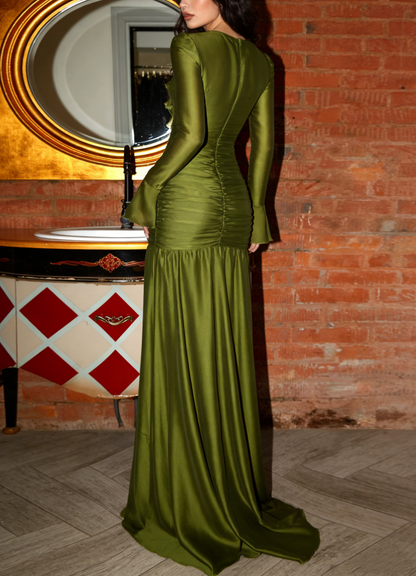 Elegant Olive Green V Neck Satin Pleated Mermaid Party Dress Long Wedding Guest Dress SP901