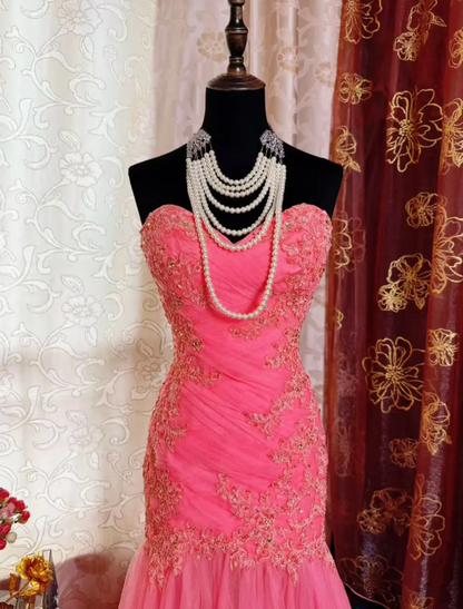 Pretty Pink Strapless Tulle Appliques Beaded Mermaid Long Party Dress Formal Wedding Guest Dress SP1954