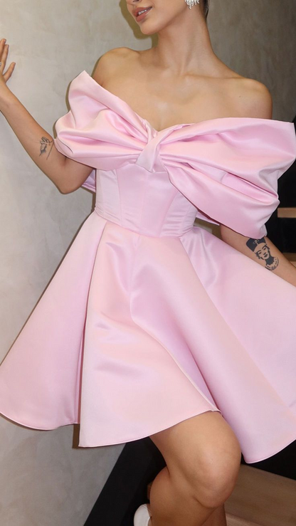 Cute Off The Shoulder Bow Pink ALine Short Graduation Homecoming Dress Birthday Outfits Y9622