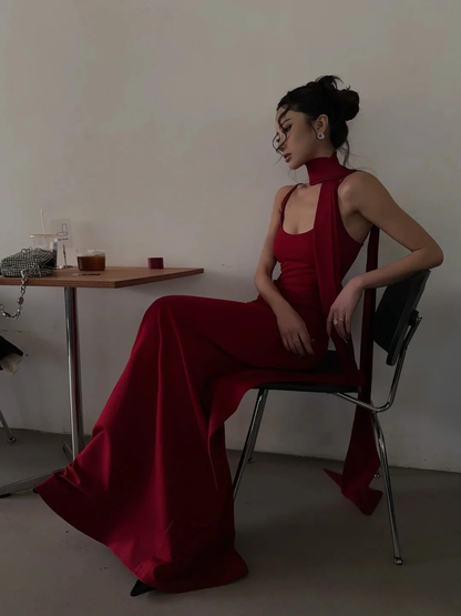 Fashion Red Spaghetti Strap Satin Mermaid Long Prom Dresses 18th Birthday Party Dress With Scarf  SP3982