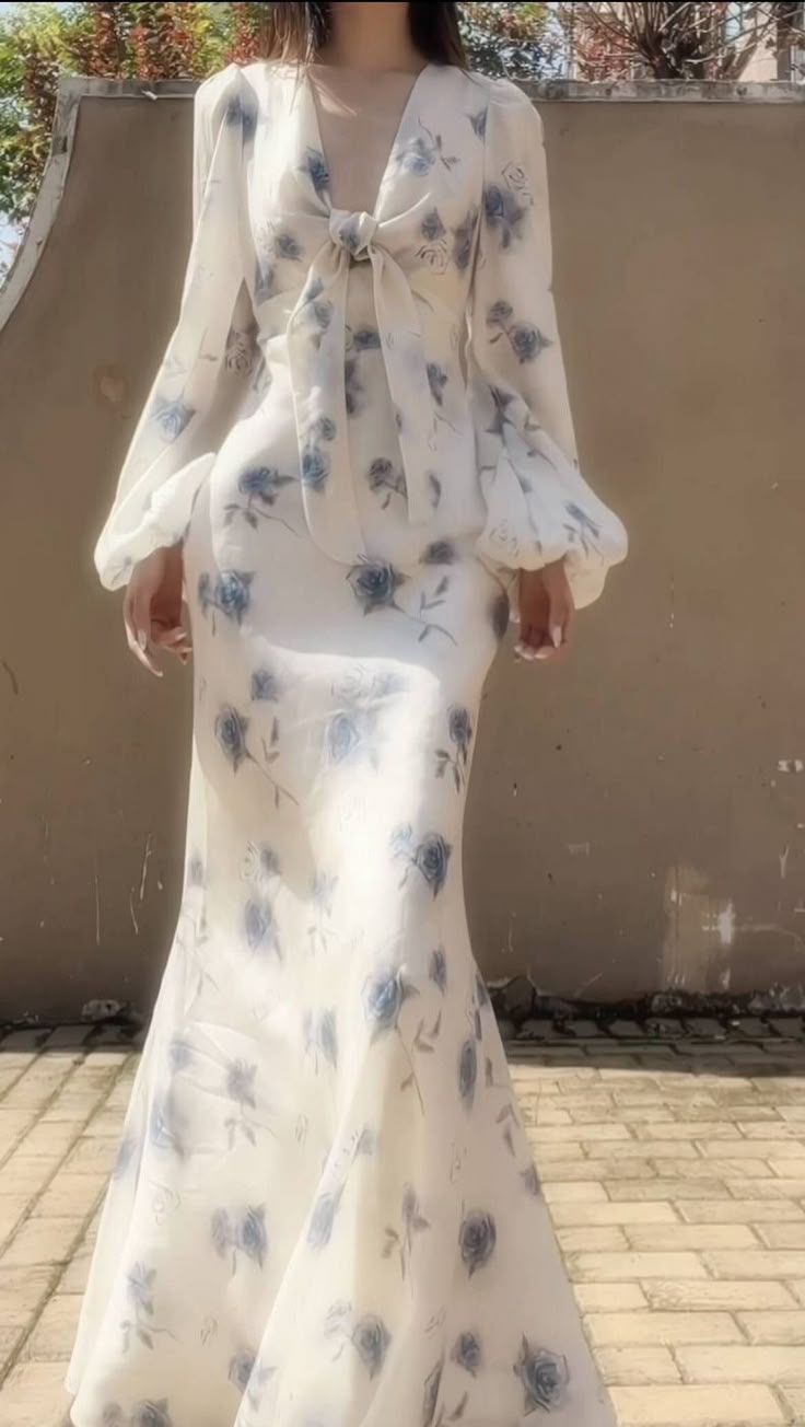 Elegant Ice Blue Rose Chiffon Print Floral Prom Dress,Long Mermaid Evening Dress Y8407