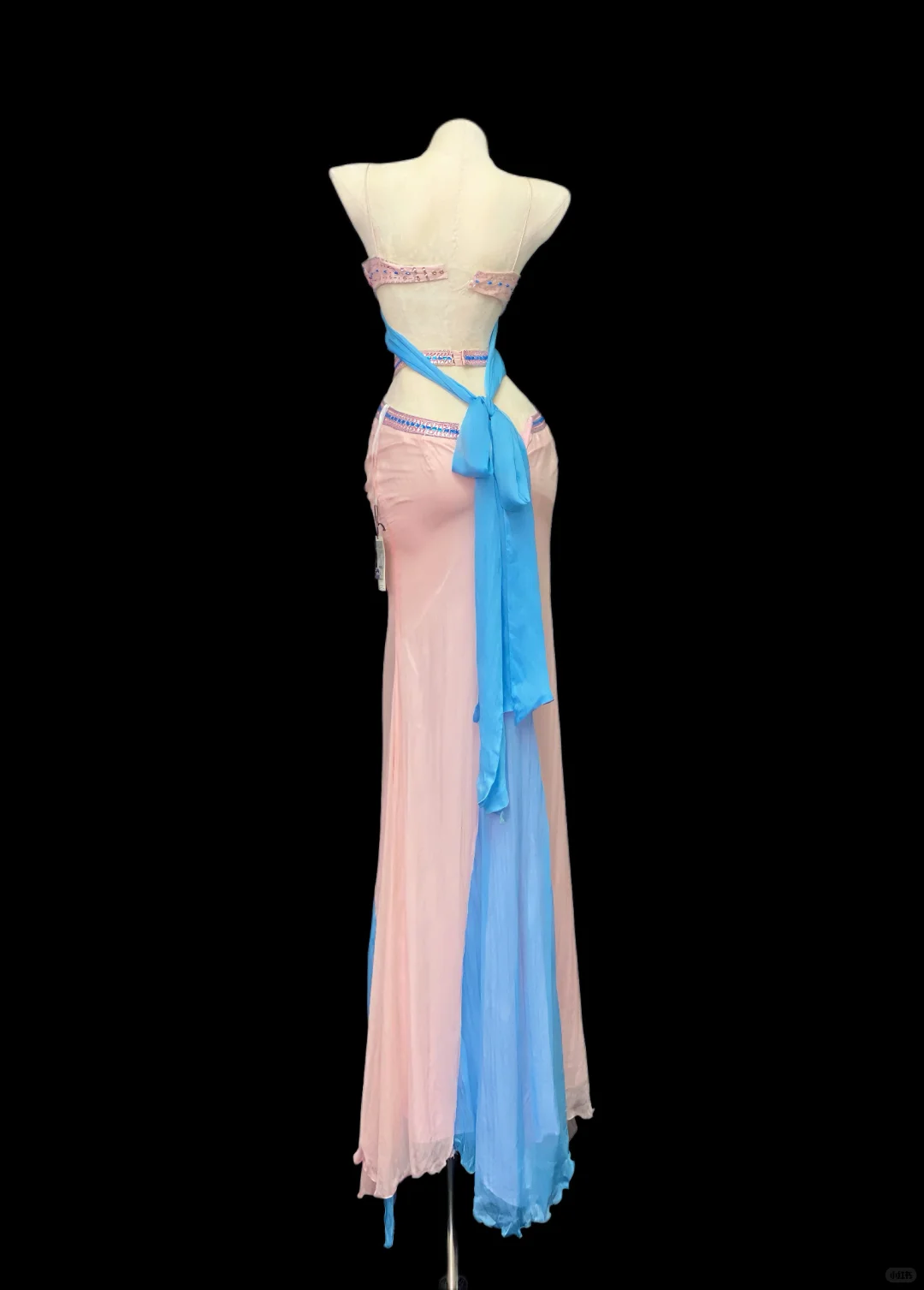 Glamorous Spaghetti Straps Pink Satin Butterfly Sequin Beaded Chiffon Ruffle Mermaid Slit Long Party Dress SP4090