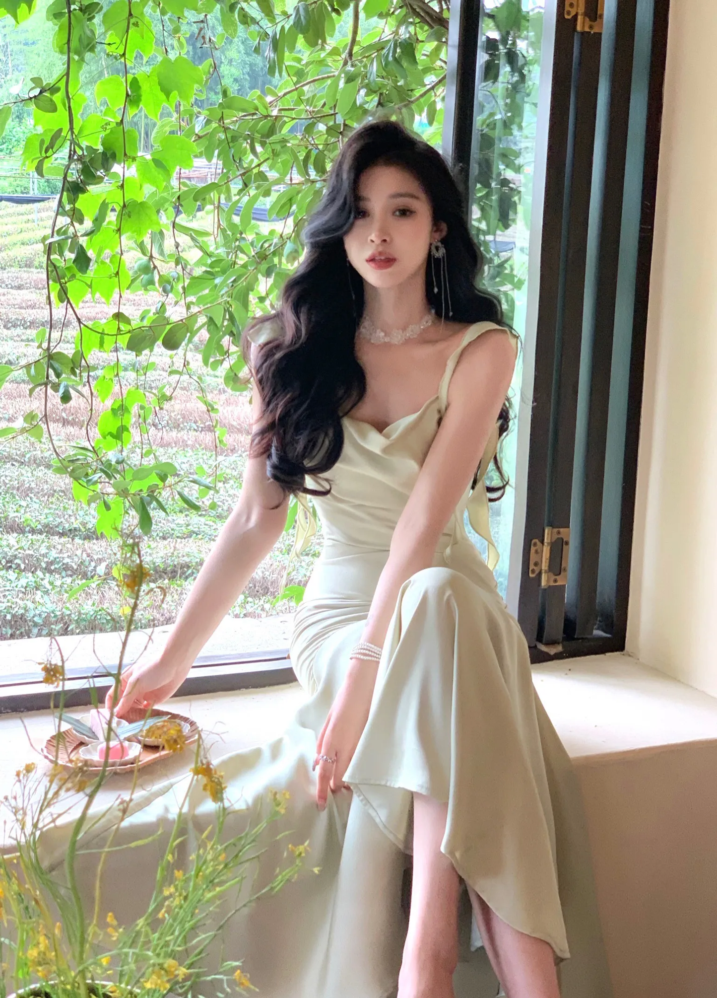 Stylish Ruffled Square Collar Women Satin Mid-Length Dress Slim Waist Female Sleeveless Pencil Mermaid Prom Dress Y6281