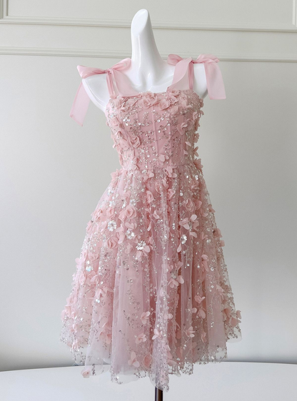 Elegant Spaghetti Straps Tulle Appliques A Line Short Homecoming Dress,Pink Mini 17th Birthday Outfits SP3266