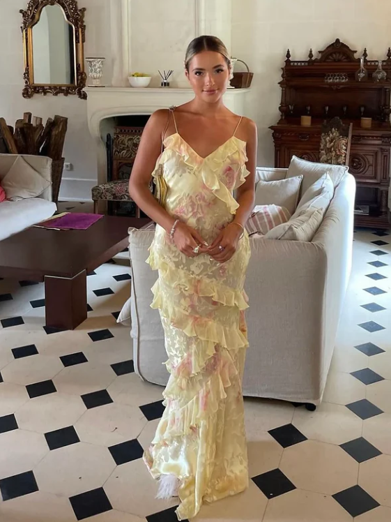 Romantic Spaghetti Straps V Neck Chiffon Print Prom Dress,Charming Evening Dress Y2306