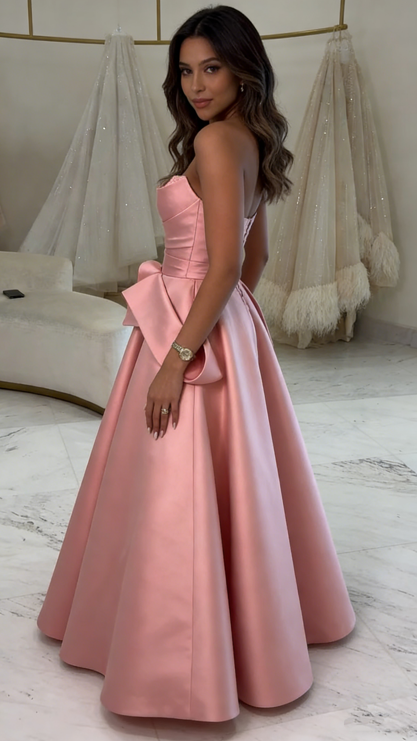 Classy Strapless Pink Satin Long Birthday Prom Dress Evening Dresses SP1295