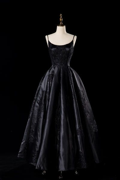 Sexy Satin Spaghetti Strap Black Wedding Gown A Line Party Evening Dress Formal Prom Dress Y7545