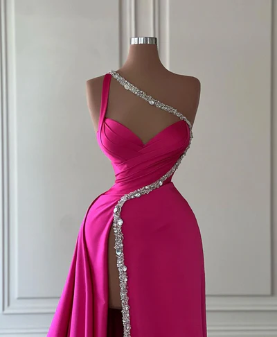 Gorgeous One Shoulder Hot Pink Satin Beaded Long Prom Dress Slit Evening Dress Y7692