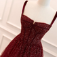 Gothic Burgundy Spaghetti Straps Sequins Beaded Formal Prom Dress Tulle Party Evening Dress Y7586