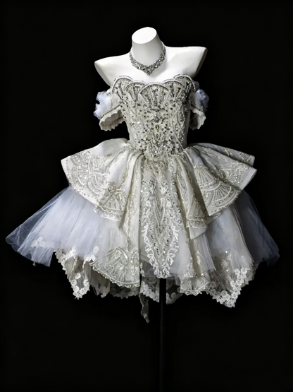 Glamorous White Tulle Beaded A Line Short Homecoming Dress,Off The Shoulder Short Prom Dress SP3167