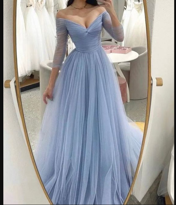 Simple blue tulle long prom dress blue tulle formal dress Y6217