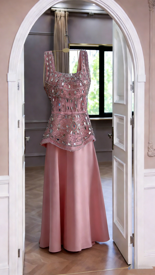 Pretty Pink Satin Beaded A Line Long Wedding Guest Dress Formal Birthday Party Dress SP1751