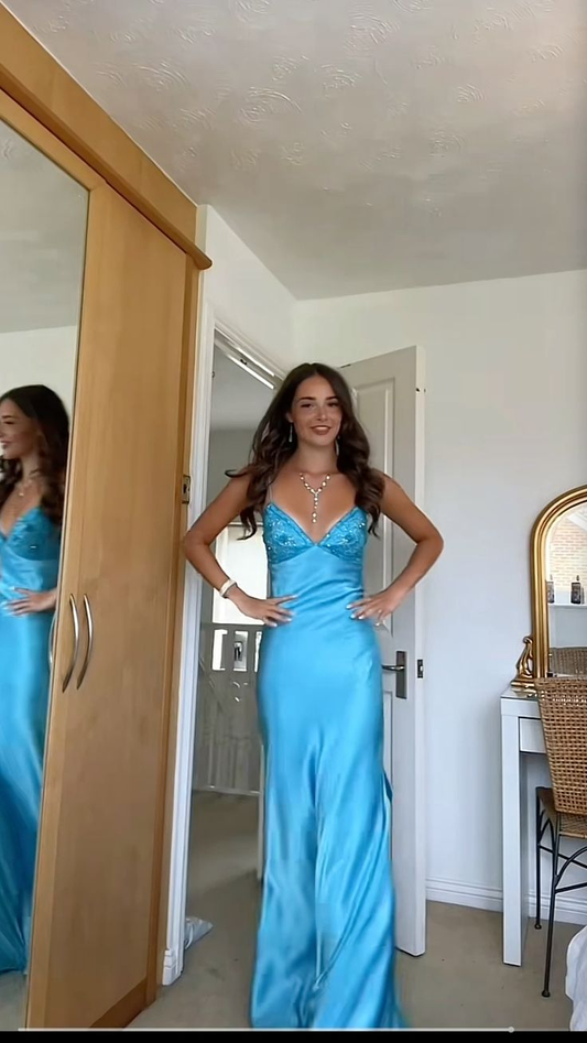 Pretty Blue Satin Mermaid Backless Long Prom Dress Evening Dress Y7516