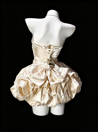 Chic Light Champagne Satin Pleated A Line Short Homecoming Dress Cocktail Dress With Bow SP3175