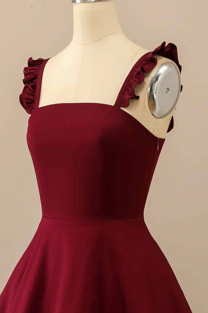 Burgundy A-line Ruffle Straps Satin Mini Homecoming Dress Y2176