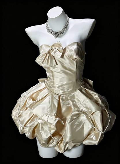 Chic Light Champagne Satin Pleated A Line Short Homecoming Dress Cocktail Dress With Bow SP3175