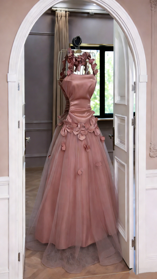 Cute Pink Satin Tulle A Line Long Wedding Guest Dress Formal Party Dress With Flowers SP1754