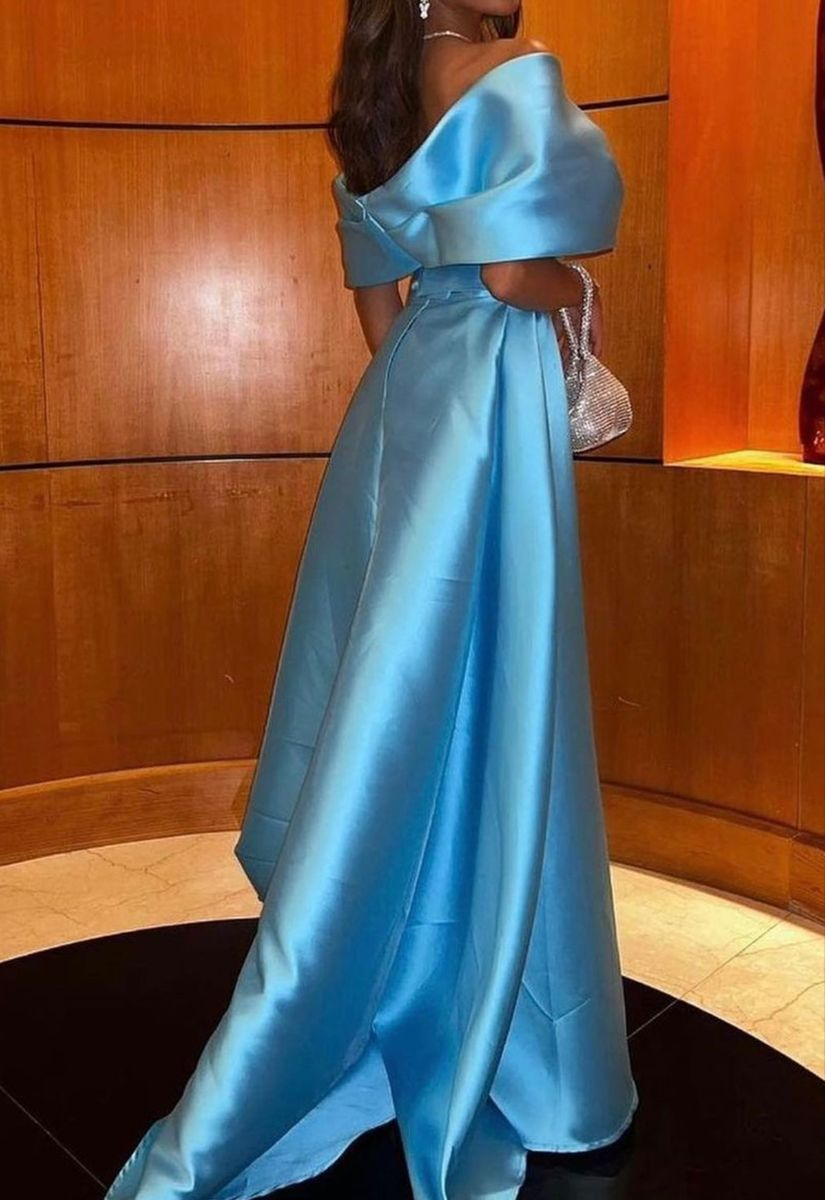 Off The Shoulder Blue Satin Evening Dress Y4026