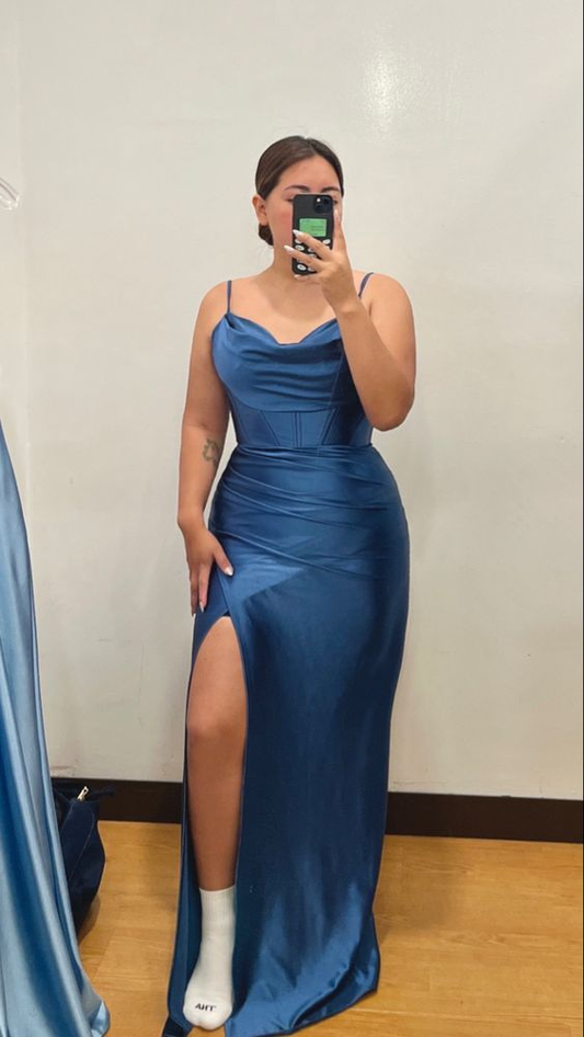 Simple Blue Satin Spaghetti Straps Long Evening Prom Dresses, Custom Sheath Prom Dress Y6346