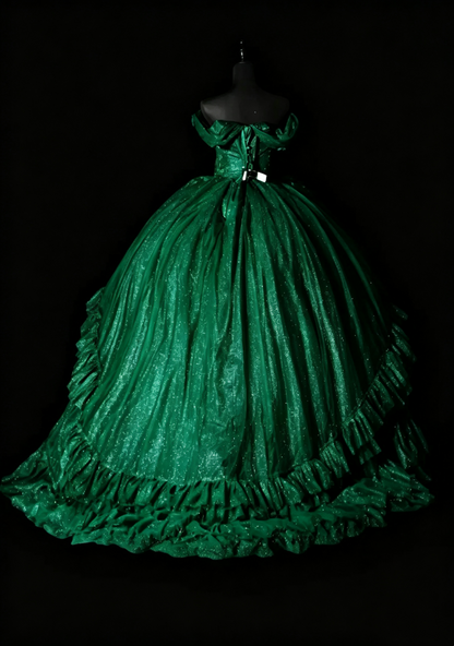 Unique Green Ball Gown Off The Shoulder Tulle Sequin Ruffles Birthday Quinceanera Dress SP3171