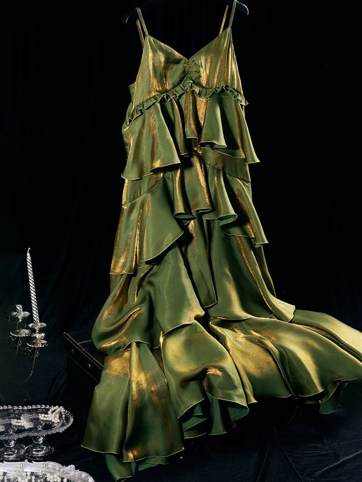 Vintage Green Tiered Flounce Long Prom Dress Party Evening Gown Y7548