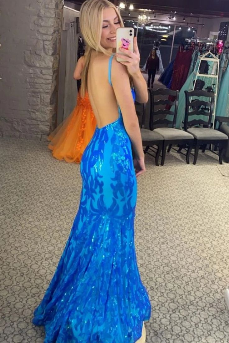 Sparkly Mermaid Blue Sequins Long Prom Dress Y5118