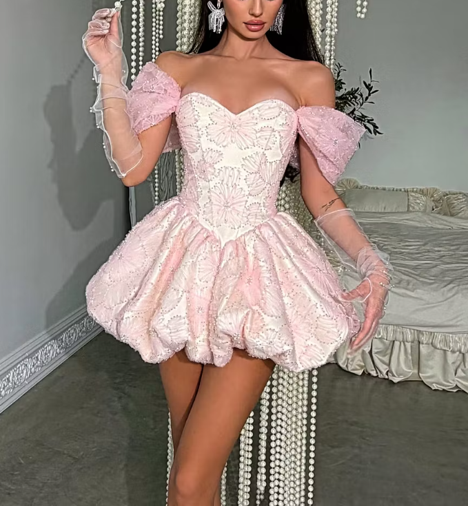 Glamorous Off The Shoulder Satin Tulle Floral Beaded A Line Mini Birthday Dress,Pink Short 6th Grade Homecoming Dress SP2932