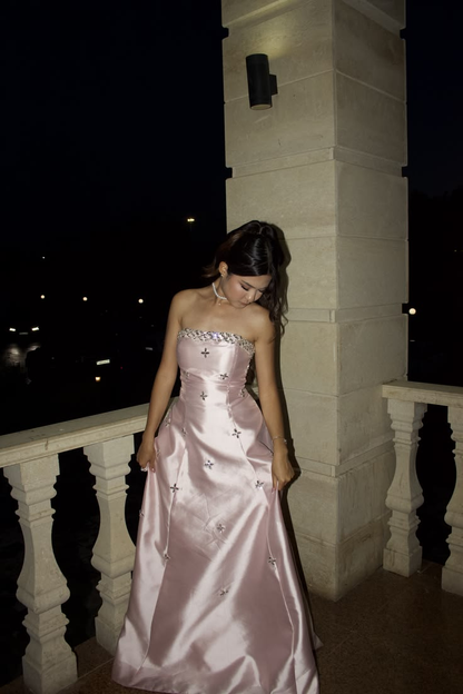 Gorgeous Pink Satin Beaded Long Party Dress Strapless Long Birthday Prom Dress SP3744