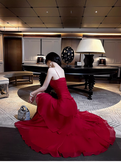 Sexy Spaghetti Straps Red Chiffon Ruffles Mermaid Long Party Dress Formal 20th Birthday Outfits SP1994