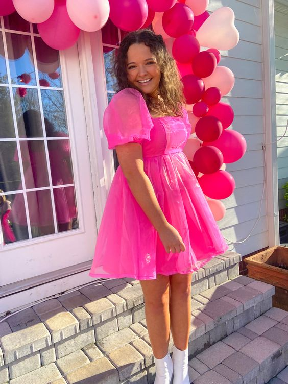 Organza Pink Baby Doll Dress,Pink Birthday Dress,Pink Homecoming Dress  Y2060