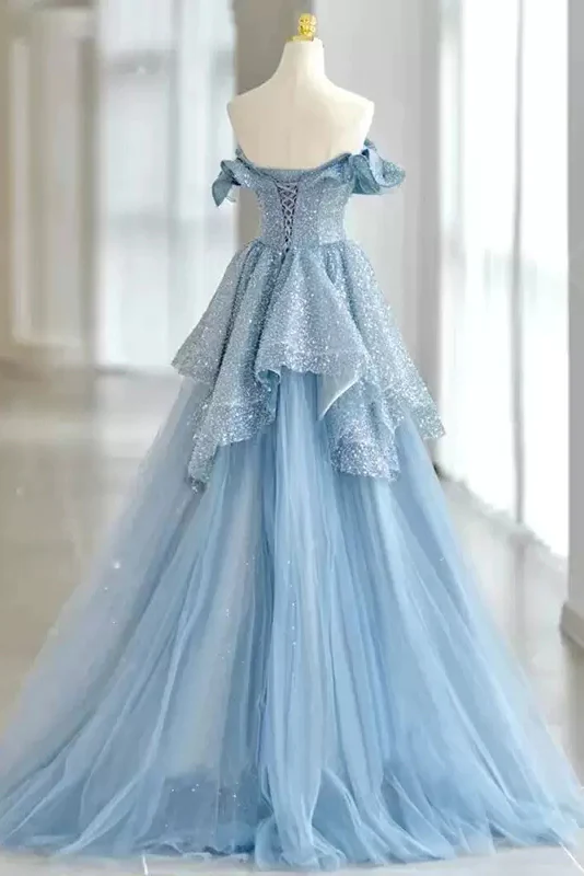 Light Sky Blue Off The Shoulder Tulle Prom Dress, Sparkly Long Party Gown Y3082