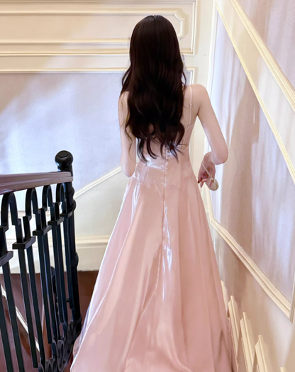 Sweet Spaghetti Straps Pink Satin Long Party Dress Birthday Dress SP1984