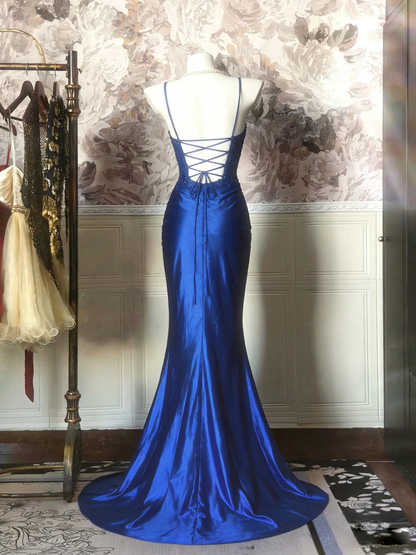 Sexy V Neck Satin Lace Sequin Mermaid Evening Dress Blue Long Prom Dress With Beads SP2107