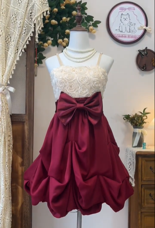 Vintage Spaghetti Straps Rose Flowers Homecoming Dress Burgundy A Line Cocktail Dress Y8970