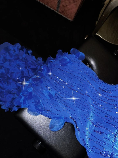 Glamorous Spaghetti Straps Royal Blue Satin Beaded Mermaid Long Prom Dress Party Gown SP368