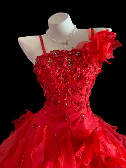 Charming Spaghetti Straps Ball Gown Red Tulle Pleated Sequin Appliques Long Party Dress Prom Gown SP4089