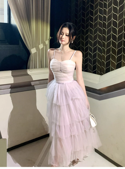 Pretty Light Lavender Spaghetti Straps Tulle Layered A Line Long Birthday Prom Dress Party Dress SP1495