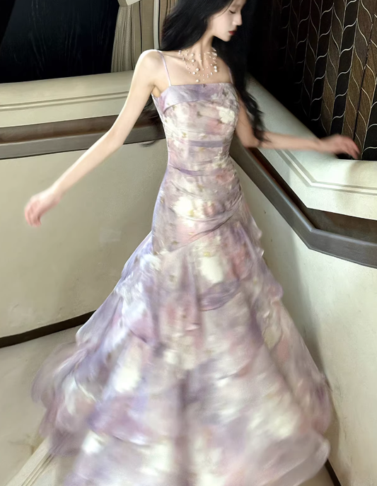 Pretty Spaghetti Straps Purple Chiffon Ruffles Print Floral Mermaid Long Party Dress Birthday Prom Gowns SP1992